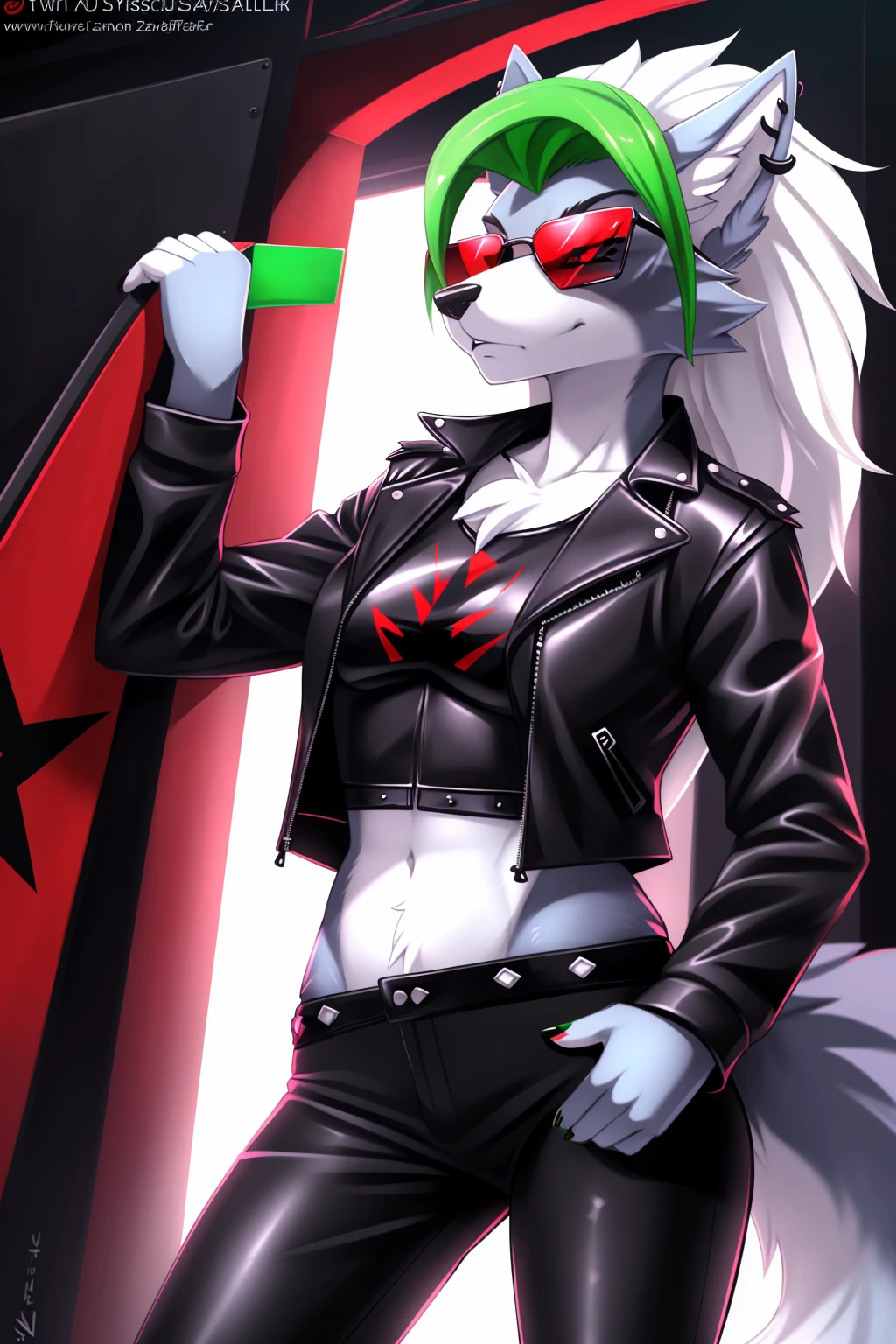 By zinfyuu on pixiv,by twistedscarlet60, uploaded on pixiv, by fluff-kevlar, (masterpiece), (best quality), (anthro furry:1.3, snout:1.2, anthro:1.3, furry:1.2, solo female:1.2), (extremely detailed:1.3), tall slim body, grey fur, roxanne, roxanne wolf, (black leather jacket:1.5), black jacket, leather jacket, black leather pants, (black pants:1.3), leather pants, (sunglasses:1.2), rectangular sunglasses, dark sunglasses, dark glasses, black sunglasses, serious face, 