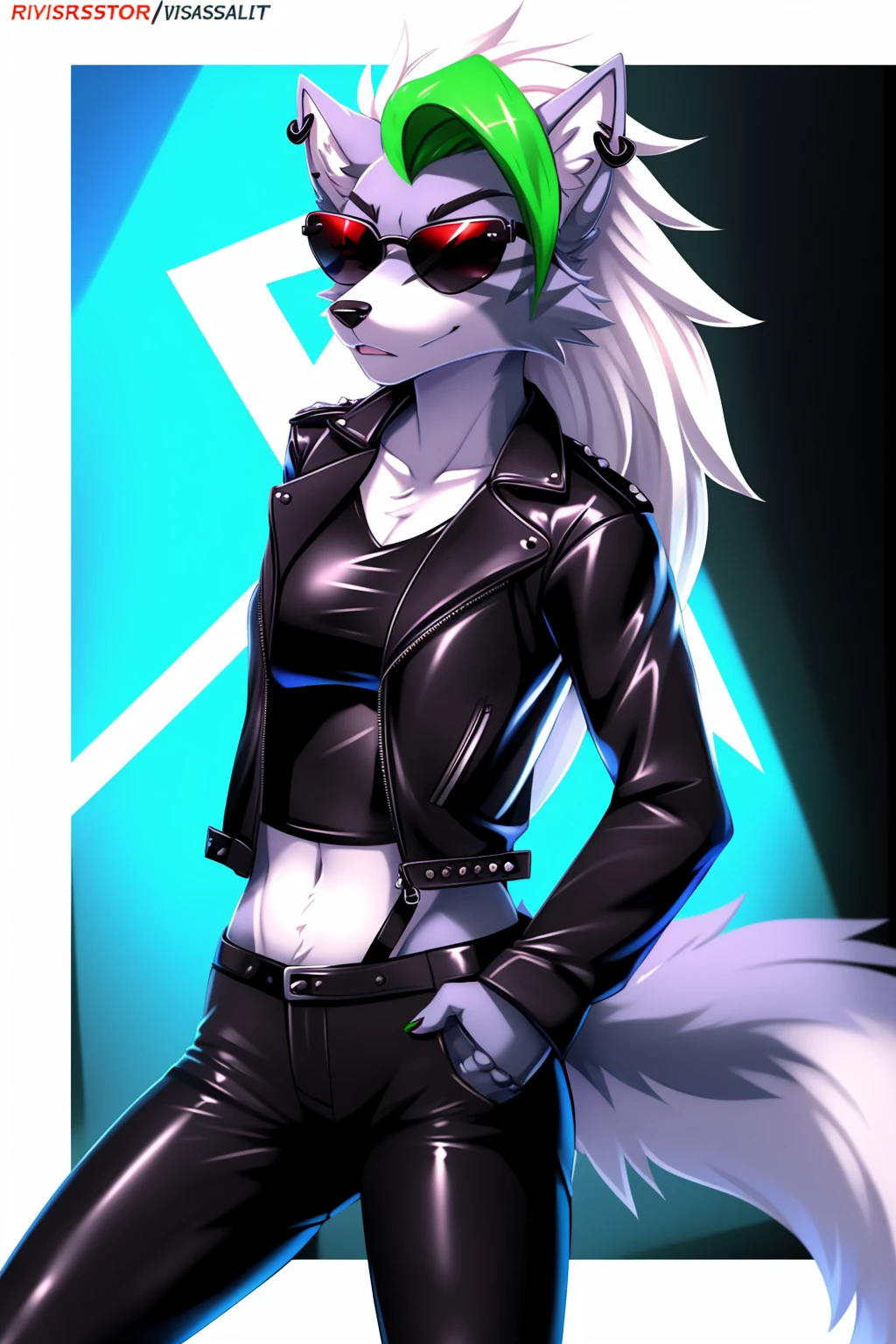 By zinfyuu on pixiv,by twistedscarlet60, uploaded on pixiv, by fluff-kevlar, (masterpiece), (best quality), (anthro furry:1.3, snout:1.2, anthro:1.3, furry:1.2, solo female:1.2), (extremely detailed:1.3), tall slim body, grey fur, roxanne, roxanne wolf, (black leather jacket:1.5), black jacket, leather jacket, black leather pants, (black pants:1.3), leather pants, (sunglasses:1.2), rectangular sunglasses, dark sunglasses, dark glasses, black sunglasses, serious face, 