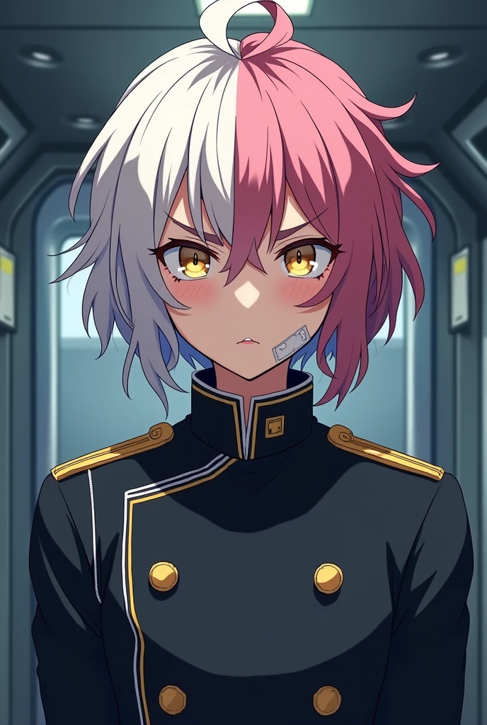 Style: 2D anime image with high quality. Character: young guy, fair skin, left side of hair light, right side of hair dark pink. Hair wavy and quite long, yellow eyes and wide eyebrows, a bandage on his cheek. Emotion: irritation. Clothing: uniform of a submarine officer from the Barotrauma game universe. Background: Inside a submarine.