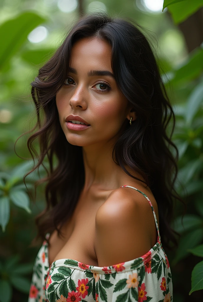 A Brazilian woman in a lush tropical garden, wearing an open shirt with a floral print, with a close-up capturing the harmonious beauty between her breasts and the natural flowers, showing off your natural charm and outgoing personality.