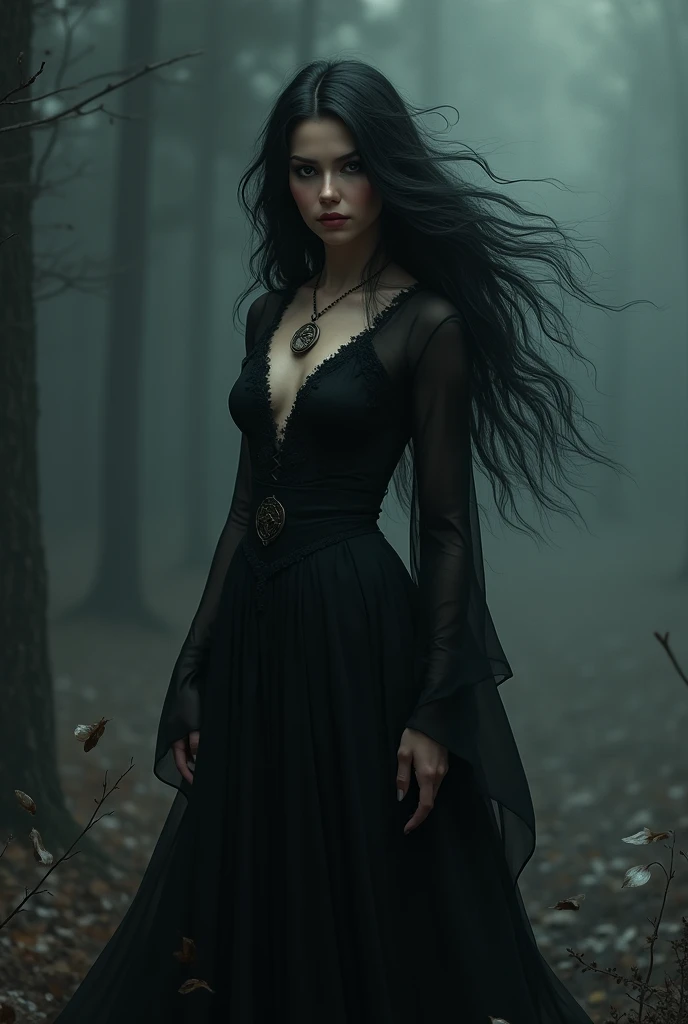 create a witch, with black hair and beautiful and a cold look, with a black dress