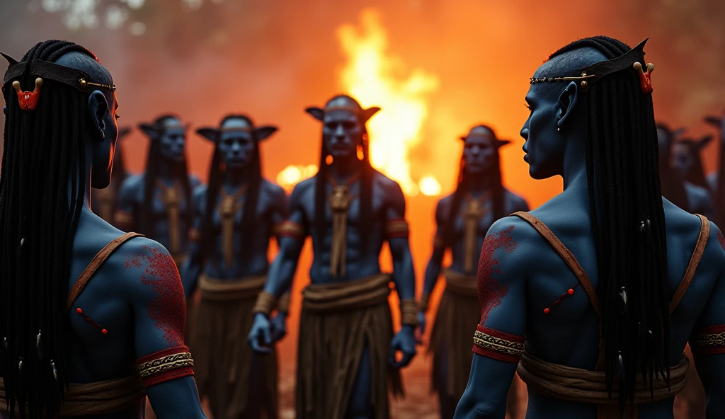 avatar movie people inspire A closer, medium shot focuses on the central area of the village where the Ash People The scene opens with a dramatic, high-intensity shot of the Ash People, a fierce and resolute Na'vi tribe, preparing for an imminent battle. The fire is blazing brightly, casting flickering shadows and illuminating the area with its warm light. The Ash People, distinct with their dark blue skin, gather around the fire. Their skin is adorned with intricate red and black tribal markings that glow subtly in the firelight. They are of varying heights, with a mix of tall, slender figures and more muscular builds, reflecting the diversity within the tribe. Their hair is long, braided, and interwoven with small beads and feathers. The Ash People wear clothing made from dark, woven natural materials, such as leaves and animal hides, with accents of feathers and beads, giving them a rugged yet ceremonial appearance.
Their faces are serious and focused, eyes closed or gazing intently into the flames. Some have facial piercings and bone jewelry. The group moves in a rhythmic, coordinated dance, chanting in unison. Their movements are fluid and graceful, synchronized with the deep, resonant beat of drums that echo through the village. The sound of chanting and drumming creates an intense, almost hypnotic atmosphere, underscoring the solemnity and power of their ritual. The camera captures the interplay of light and shadow on their faces, highlighting their expressions and the ancient significance of their ritual.