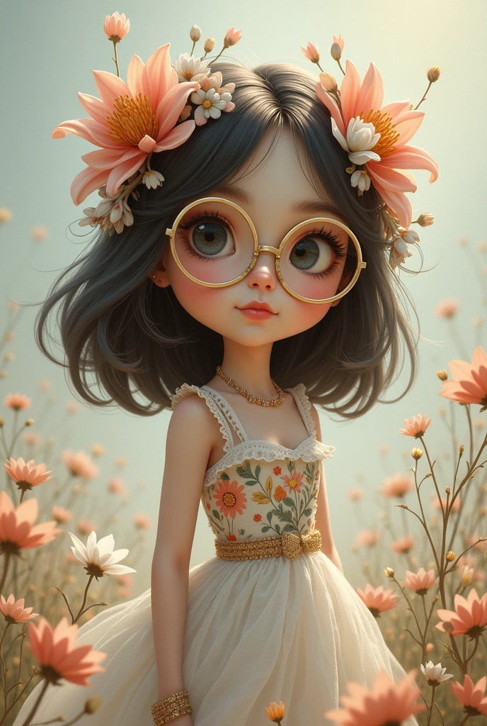 Femme petite, blonde foncée, grandes lunettes longs cheveux et elle aime les fleurs