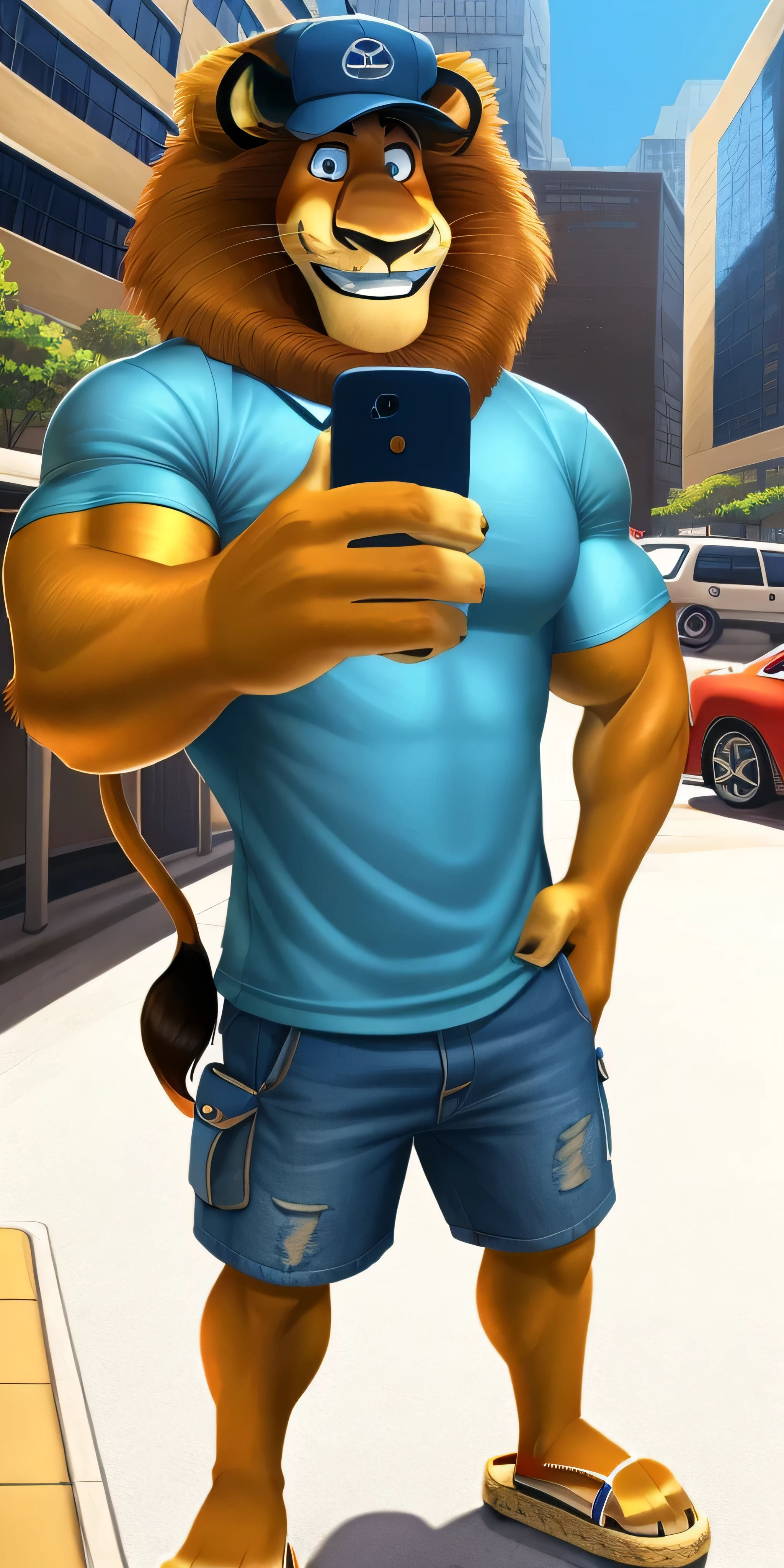 Alex the Lion, muscular body, big biceps, extremely beautiful and cute face, perfectly detailed blue eyes with perfectly detailed pupils, wears a blue cap, cyan polo shirt, denim cargo shorts, sandals, standing around a luxury car, selfie, streets background, gentle look, cute smile