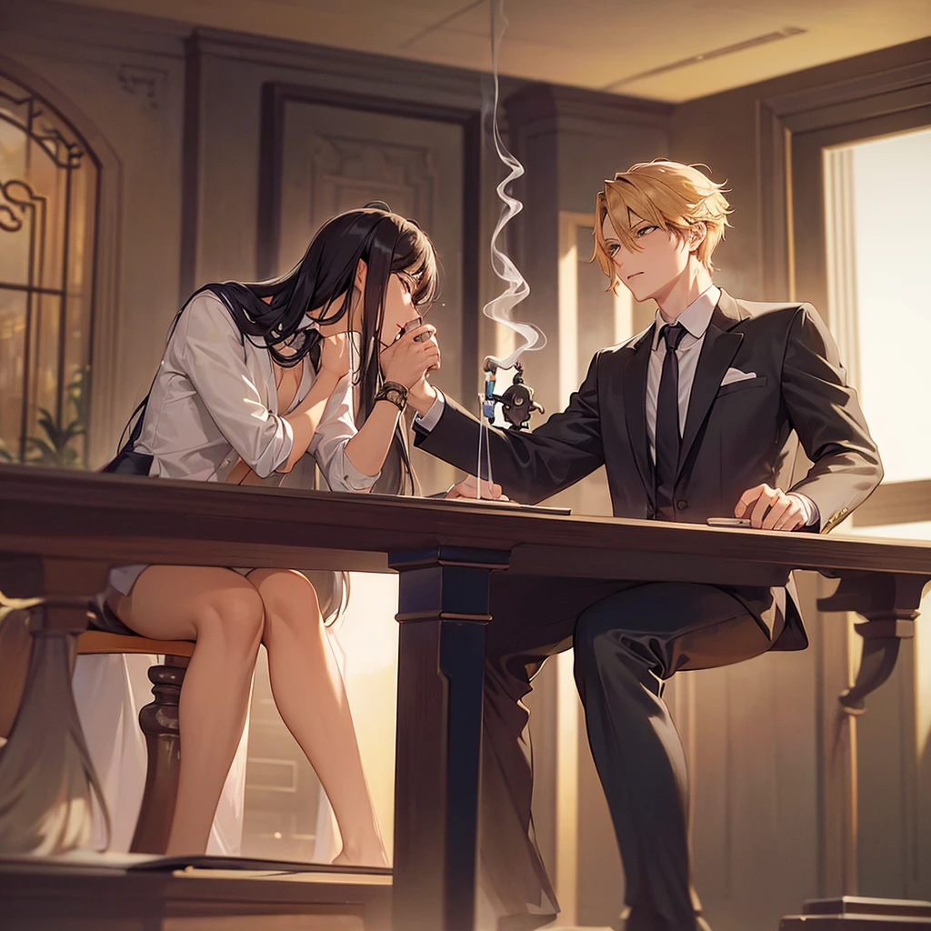 2 monkeys sitting around a table doing business in suits, one has long curly blonde hair and one short black hair, smoking weed, anime figurines on the table