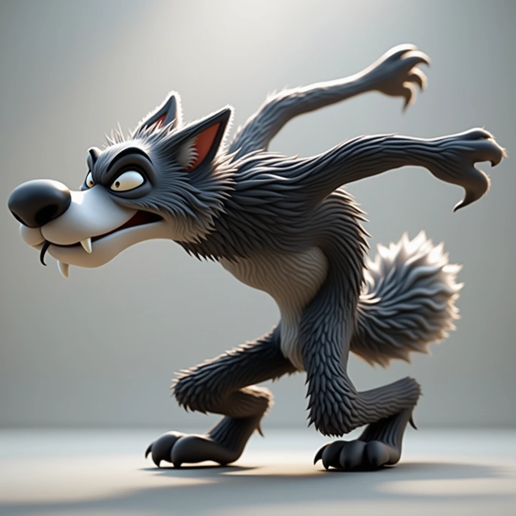 pixar style, sideview of a 3D cute but revengeful mischief black furry wolf with grey snout and belly, with realistic black fur, 3D illustration, captured in a highly exaggerated cartoonish pose ((blowing air from mouth with full force:1.5)). The wolf's cheeks are puffed, lips rounded and eyes closed. The wolf's legs are bent, and its arms stretch backward, emphasizing the comical exertion. The expression on the wolf's face is exaggerated, with closed eyes, furrowed brows, and a humorous intensity. (1male wolf:1.2), (sinister and mischief expression:1.5), dark behaviour, lean build, (disproportionate body long nose and mouth), (realistic fur texture), (jungle background:1.4), sunlight filtering through the trees, (soft lighting:1.3), (green and earthy color scheme:1.3), (highly detailed), (ultra quality:1.3), (masterpiece), (digital art), 8K resolution, HDR, depth of field, (soft shadows), (photorealistic:1.3), (animation:1.2), (by Greg Rutkowski:0.9), (in the style of Alphonse Mucha), trending on ArtStation, award-winning art
