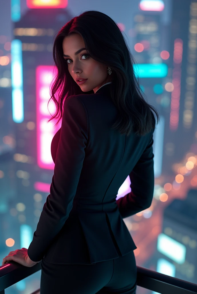 (masterpiece), (extremely intricate:1.3), (realistic), portrait of a girl, the most hottest in the world, (modern business suit), big tits, cleavage showing, sleek black hair, standing on a rooftop overlooking a bustling city, neon city lights in the background, professional photograph of a stunning girl detailed, sharp focus, cinematic lighting, octane render unreal engine, volumetrics dtx, (film grain, bokeh, depth of field, night-time, motion blur:1.3)