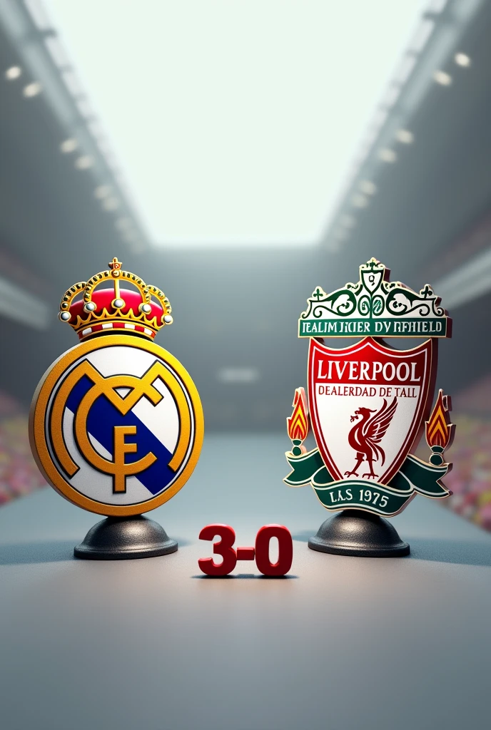 Real Madrid 3 - 0 Liverpool Champions League final just the photo of the shields and underneath it says Champions League final puts the score 3 - 0