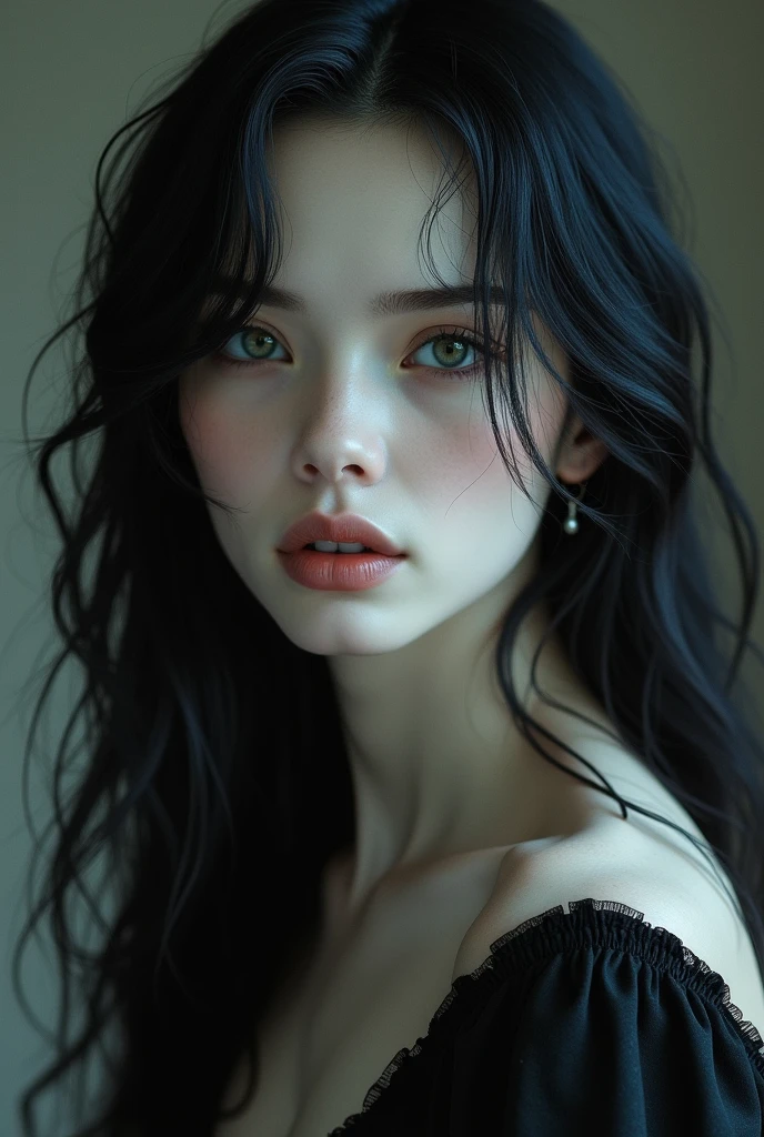fait moi une femme d'environ 33 ans , très brune , avec la peau très pâle , je veux qu'elle ressemble le plus possible à un humain, met lui des yeux d'un noir pur , une mâchoire plutôt carré et un nez extrêmement fin