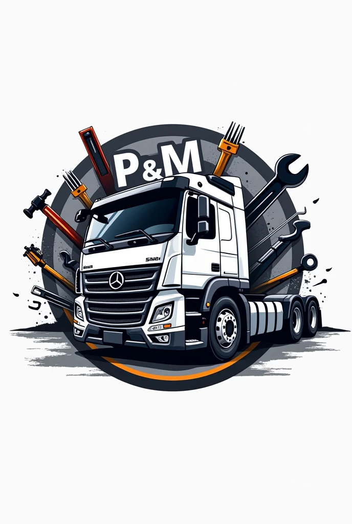 Written logo P&M Silva with image of a truck and tools