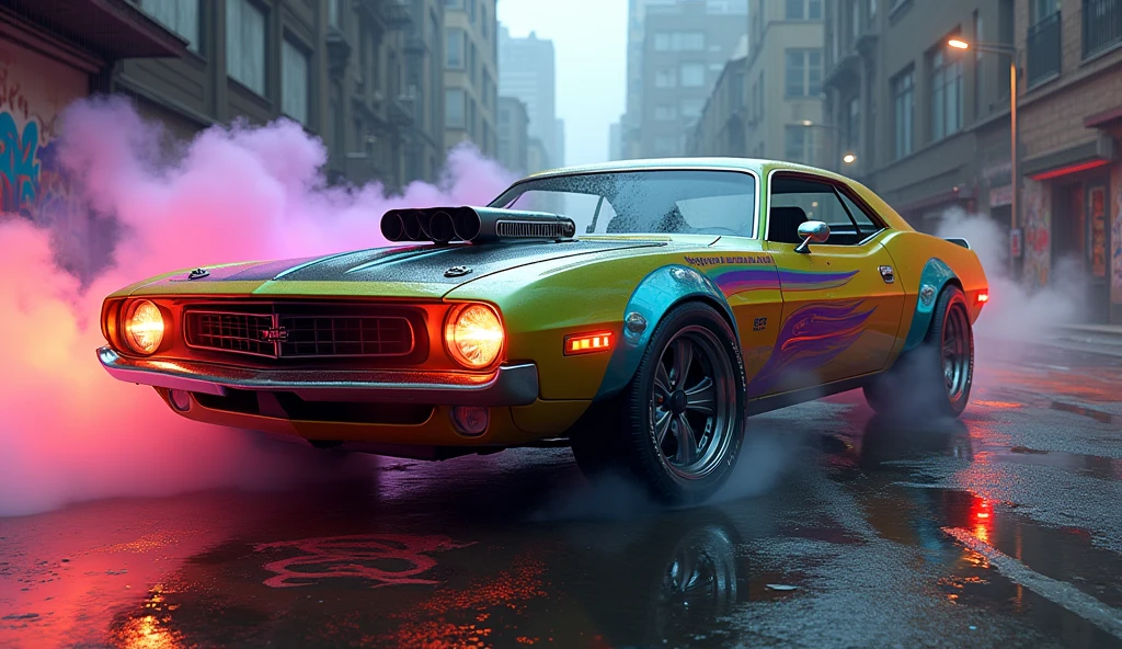 colorful muscle car, gray dystopian city, blowing colors through the exhaust, Return color to the city, illustration, ultra detali, realisitic, swirly vibrant colors, studio lighting, urban landscape, high resolution, HDR, dynamic lighting, smoke, atmospheric pollution, abandoned buildings, graffit, cyberpunk aesthetic, neon lights, futuristic technology, rain-soaked streets, eyeshadows, reflection, speed, motion-blur, intensity, Urban decay, Steel, concrete, asphalt, darkness, sharp contrast, heat mist, shiny surfaces