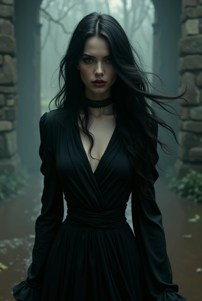 create a witch, with black hair and beautiful and a cold look, with a black dress