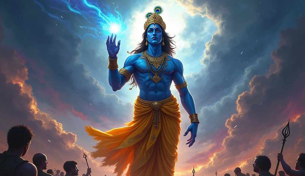 Create a striking and impactful thumbnail for a "Krishna Stop" video. The thumbnail should depict Lord Krishna in a commanding pose, perhaps with one hand raised in a gesture of halting, while radiating divine light. Krishna should be shown with his blue skin, wearing a yellow dhoti and adorned with peacock feathers in his crown. The background could be a dramatic scene, possibly depicting a stormy sky or a battlefield, with elements like thunderclouds or swirling dust to emphasize the moment of pause. The title "Krishna Stop" should be prominently displayed in bold, glowing text at the top or bottom, with a mystical or ancient font style. The overall color scheme should include deep blues, purples, and golds to create a sense of urgency and divinity.