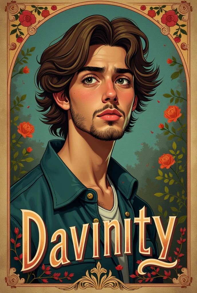 CAPA DE ALBUM VINTAGE PARA MUSICA, with name DAVINITY IN FRONT young man composer BROWN WITH WAVY HAIR, OF MEDIUM LENGTH WITH THE APPEARANCE OF A 20 YEAR OLD BOY., WHO HAS A PAINFUL BEARD image of the face only, with very artistic and unique backgrounds