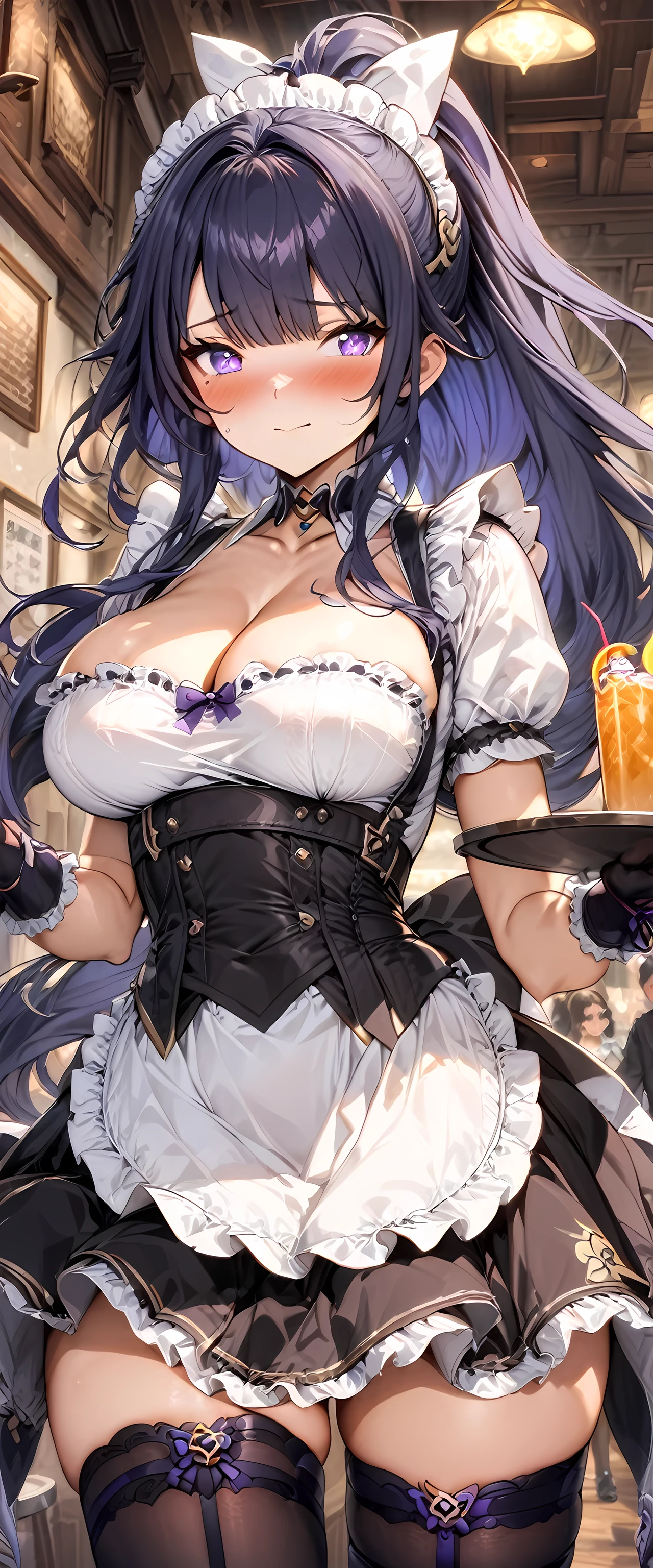 (masterpiece), best quality, expressive eyes, perfect face,1girl,(raiden shogun:0.6),genshin impact,maid,waitress,purple maid costume,sexy maid costume,big breasts,cleavage,frilled dress,frilled skirt,curvy,long detached gloves,thigh high stockings,thigh strap,blush,shy smile,cowboy shot,indoors,crowd,cafe,tray,holding tray,drinks,serving,long hair,ponytail,heart choker,spoken heart