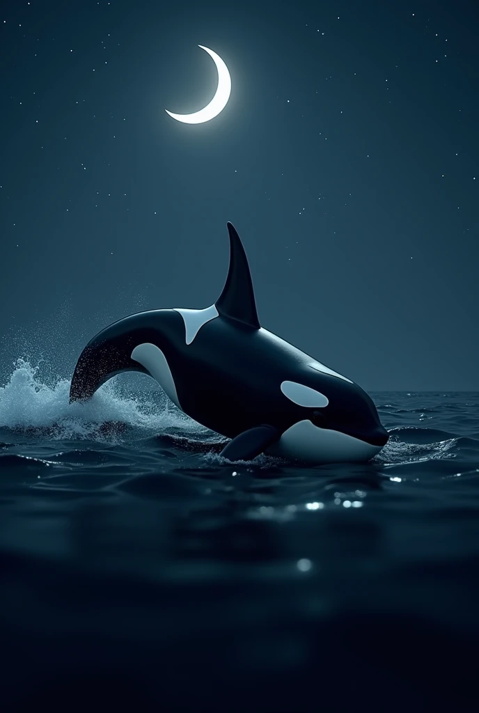 A swimming orca  , it&#39;s dark and there&#39;s the moon and stars , the image must be realistic