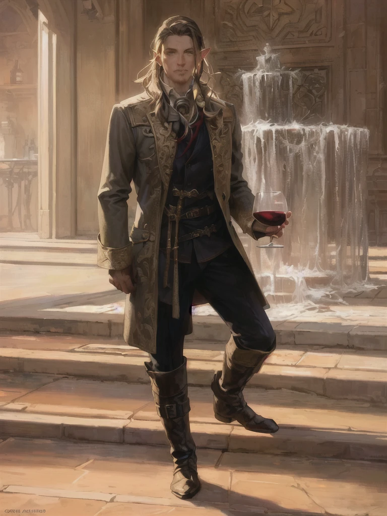 painting of a man in a coat and boots holding a glass of wine with elf ear and glowing eye, corvo attano, craig mullins style, retrato de barbatana wildcloak, magali villeneuve', artista gráfica magali villeneuve, chave escura de craig mullins, inspired by Mirabello Cavalori, Craig Mullins Spotted Lighting, inspirado em magali villeneuve, style of donato giancola