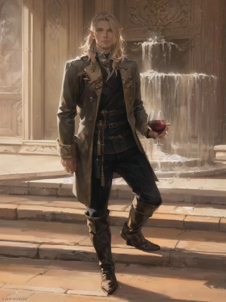 painting of a man in a coat and boots holding a glass of wine with elf ear and glowing eye, corvo attano, craig mullins style, retrato de barbatana wildcloak, magali villeneuve', artista gráfica magali villeneuve, chave escura de craig mullins, inspired by Mirabello Cavalori, Craig Mullins Spotted Lighting, inspirado em magali villeneuve, style of donato giancola