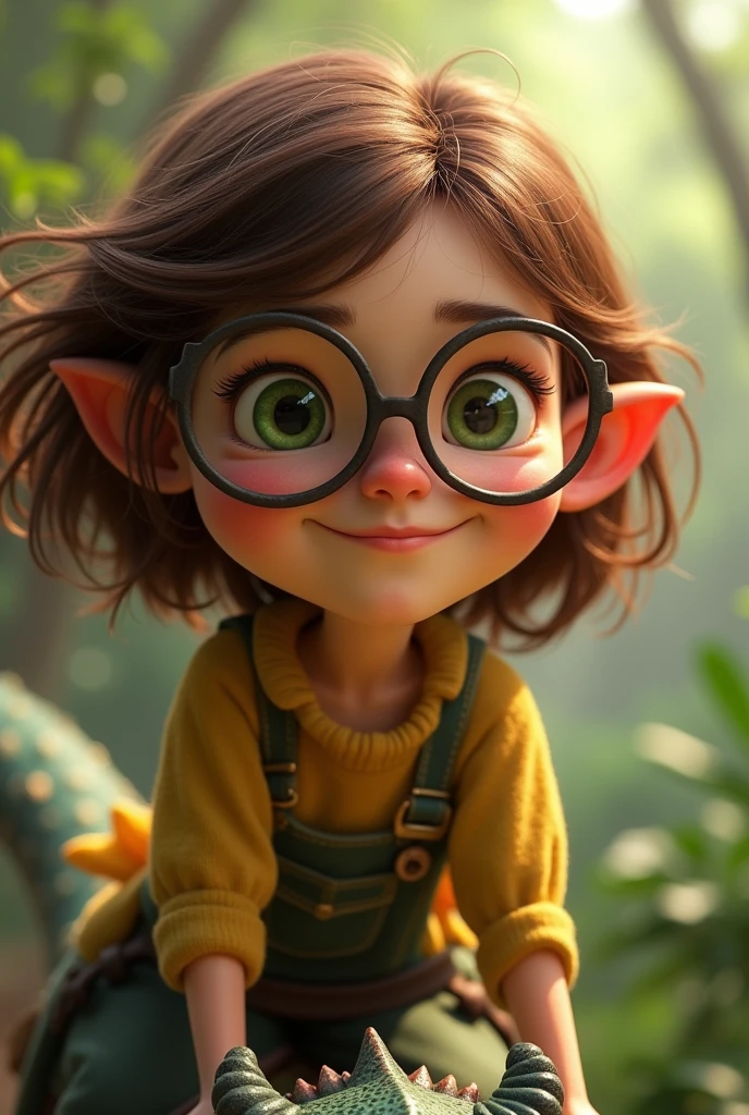 a plump woman with large glasses and green eyes , brown bob that looks a bit cheeky and happy. She rides on a dragon. In Pixar style