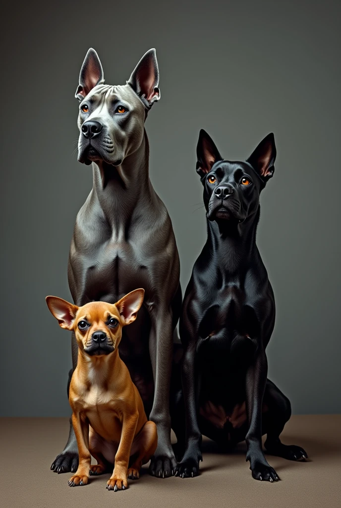 1 cane corso gris, 1 staffy noir et un chihuahua couleur malinois