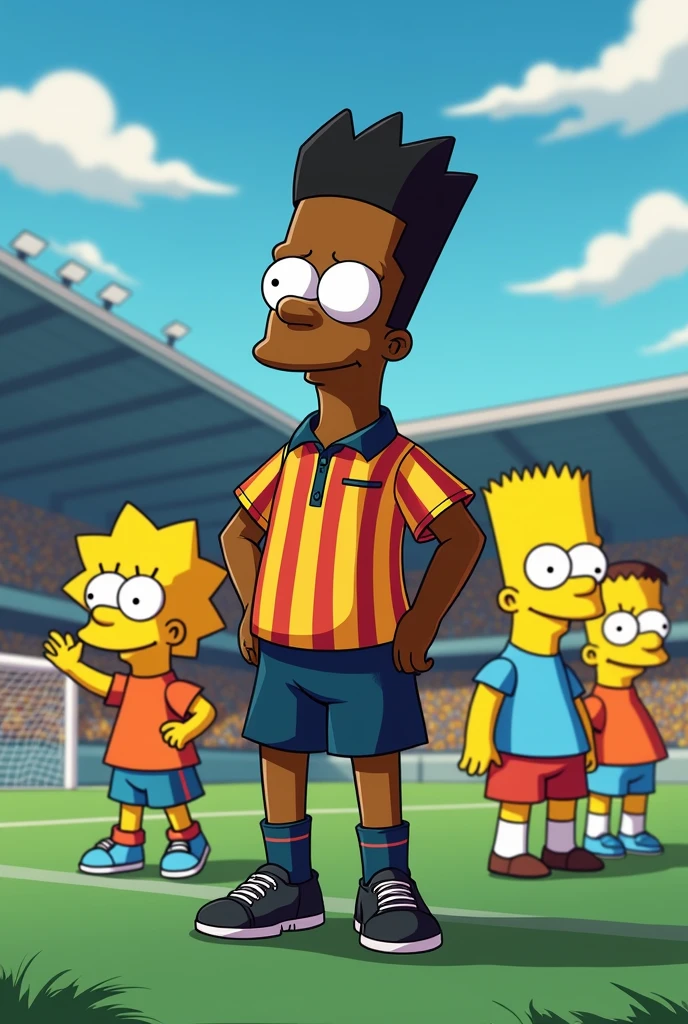 Dark-skinned Apu with his haircut standing up and to the right side of the Simpsons as a soccer referee