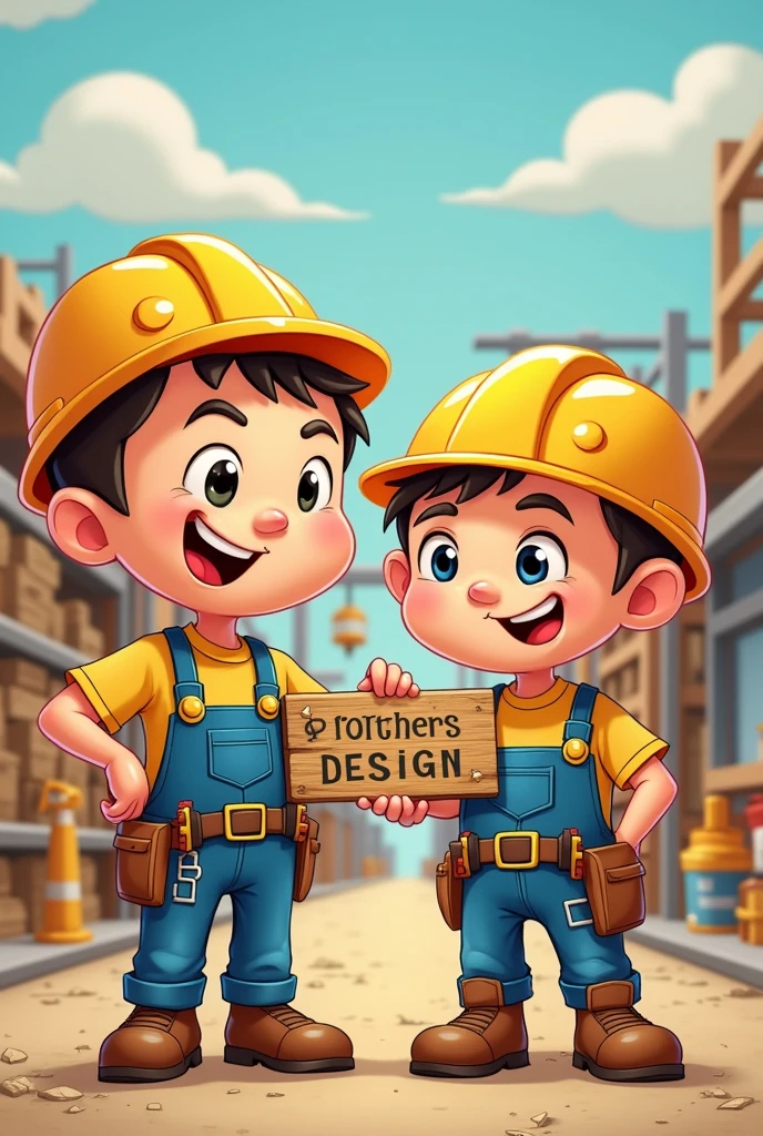 Two cartoon style builder holding a wooden board with Brothers&#39;s Design written on it