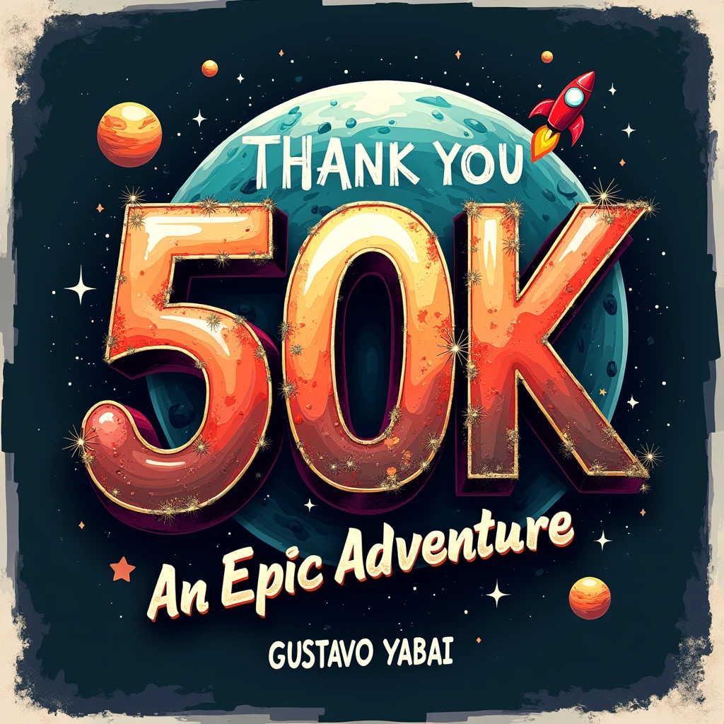 A design poster, (graffiti art, metallic letters, poster saying "50K"). (Another medium tittle "OBRIGADO", "THANK YOU", "GRACIAS"). It features a graffiti art with metallic letters, planet illustration background, rocket. The tittle is in bold, graffiti style typography with a catchy tagline, "An Epic Adventure". ((small tittle "GUSTAVO YABAI"))