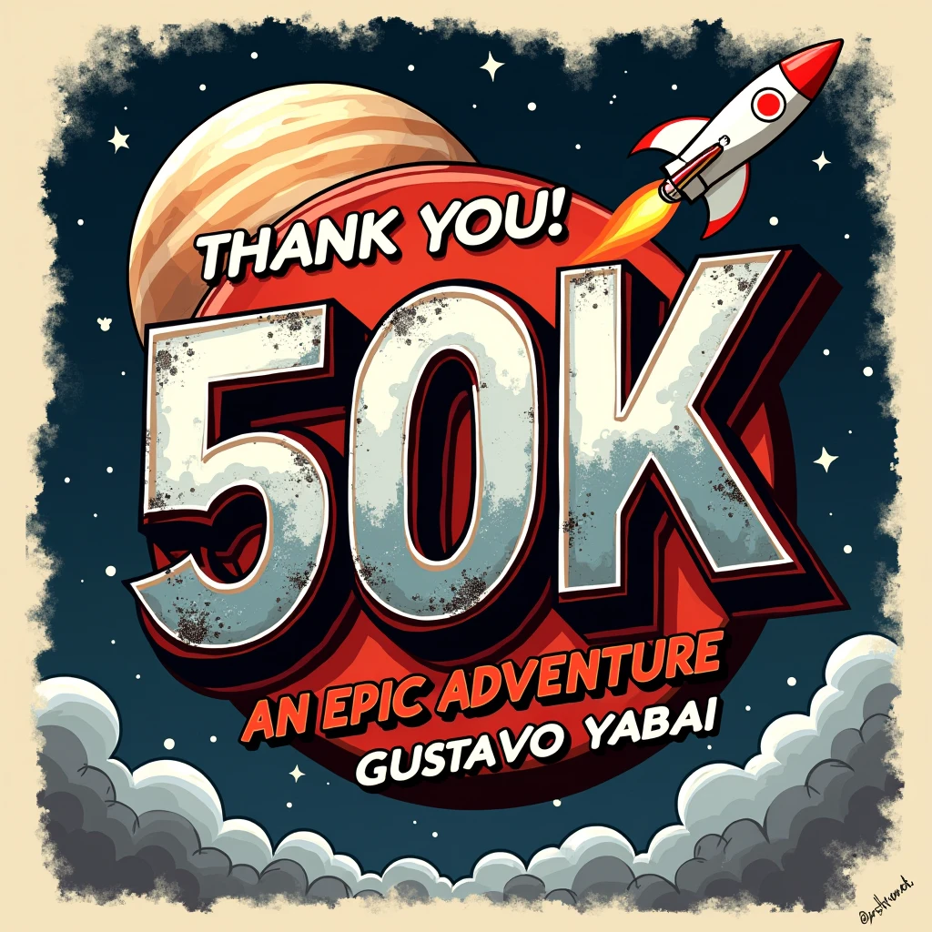 A design poster, (graffiti art, metallic letters, poster saying "50K"). (Another medium tittle "OBRIGADO", "THANK YOU", "GRACIAS"). It features a graffiti art with metallic letters, planet illustration background, rocket. The tittle is in bold, graffiti style typography with a catchy tagline, "An Epic Adventure". ((small tittle "GUSTAVO YABAI"))