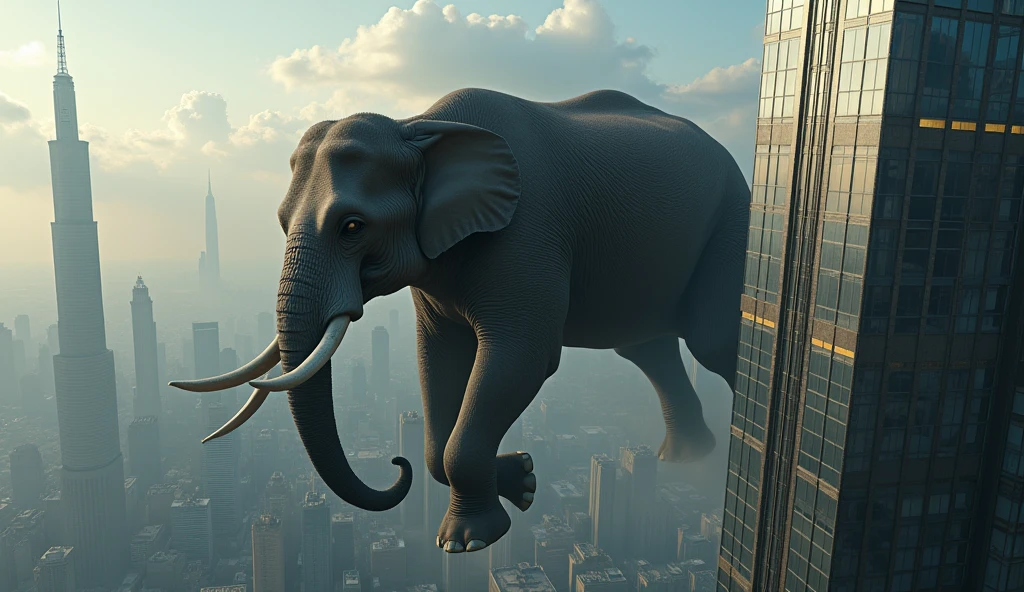 A giant elephant plummeting from the top of a towering skyscraper, photorealistic, highly detailed, dramatic lighting, cinematic angle, incredible realism, epic scale, awe-inspiring, (best quality,4k,8k,highres,masterpiece:1.2),ultra-detailed,(realistic,photorealistic,photo-realistic:1.37),HDR,UHD,studio lighting,extreme detail description,professional,vivid colors,dramatic
