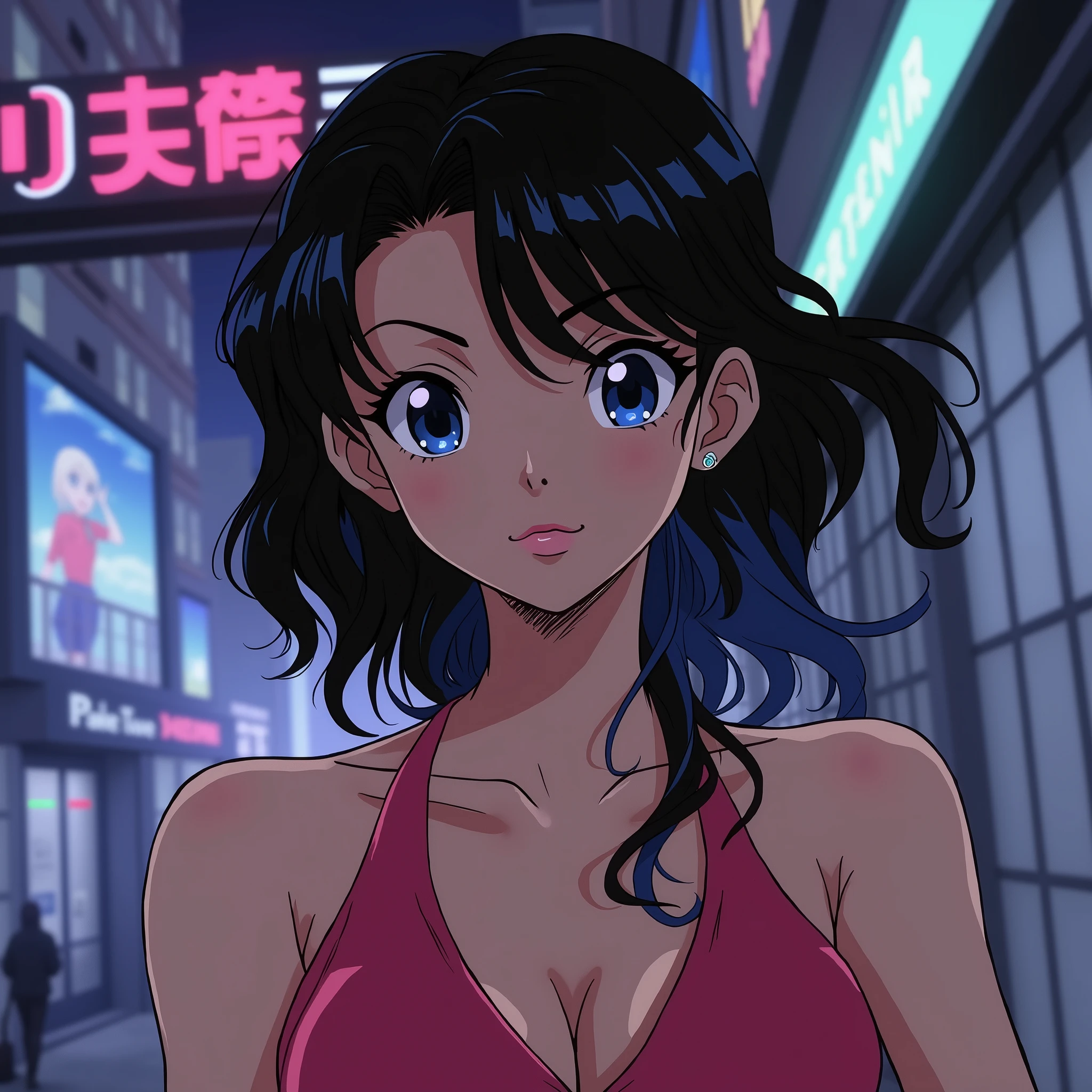 ((masterpiece)),(((Highest quality))),((Super detailed)) Realistically, 1 Girl, beautiful, Wearing headphones, one person　 Watching the night view, city, Starry Sky, building, night.　Long Black Hair　The wind is blowing　Cleavage　cool 　Rooftop High quality　Sitting and looking at the night view