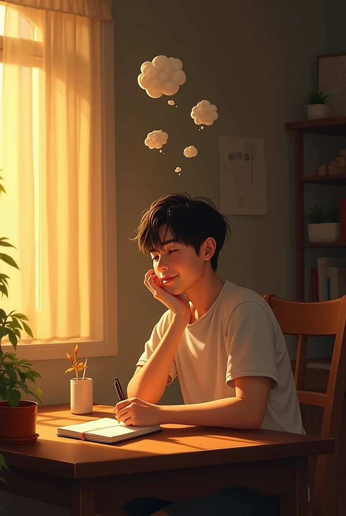 Prompt 1: A young man is sitting at a wooden desk in a golden-lit study, holding a pen with a journal in front of him. He is lost in thought, a gentle smile spreading across his face as he recalls a conversation with a woman. Above his head, faint golden speech bubbles or thought clouds appear, showing snippets of their dialogue, conveying warmth and affection. His eyes are slightly closed, reliving those cherished moments.