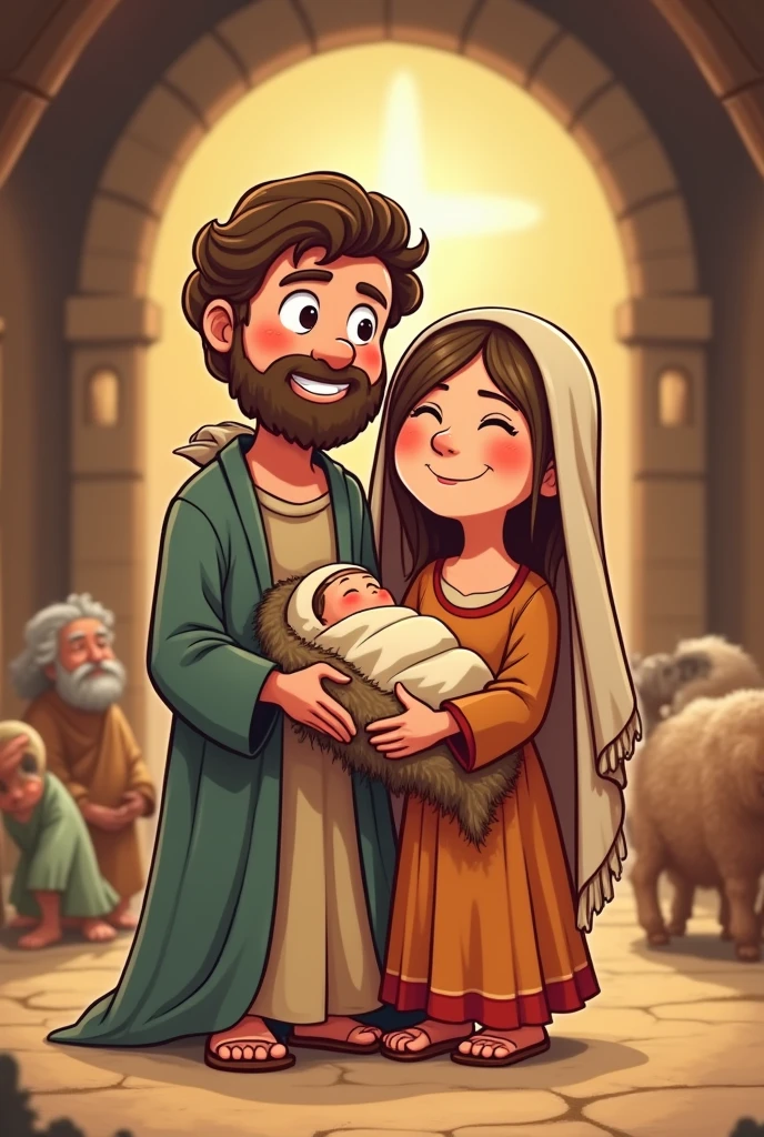 Two men side by side with wings, 60 years old and beardless, one is white with light hair and the other is dark-skinned with short black hair, They are holding a baby forward in the form of a Disney cartoon. .
