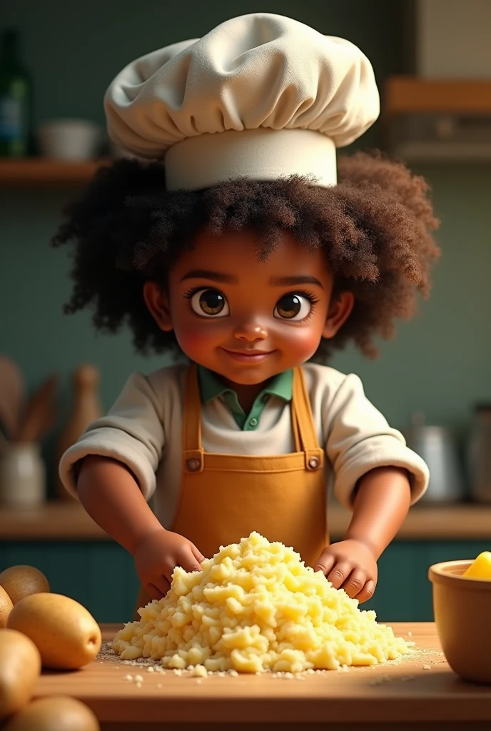 adolescent , Afro-Brazilian , chubby chef hat, making mashed potatoes , only potatoes in the scene