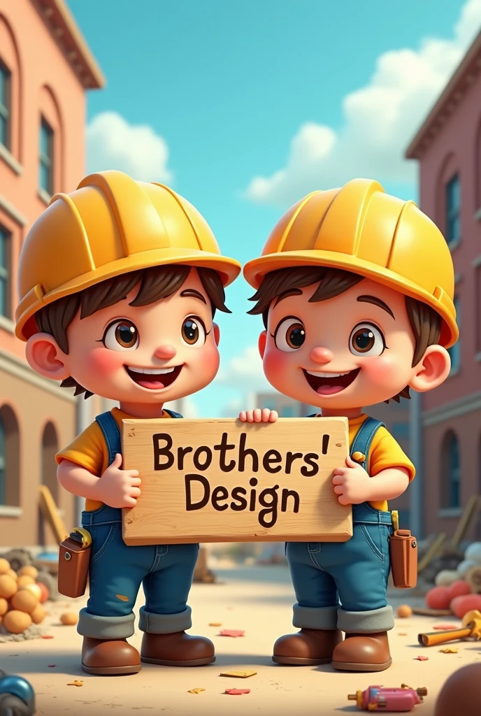 Two cartoon style builder holding a wooden board with Brothers&#39;s Design written on it