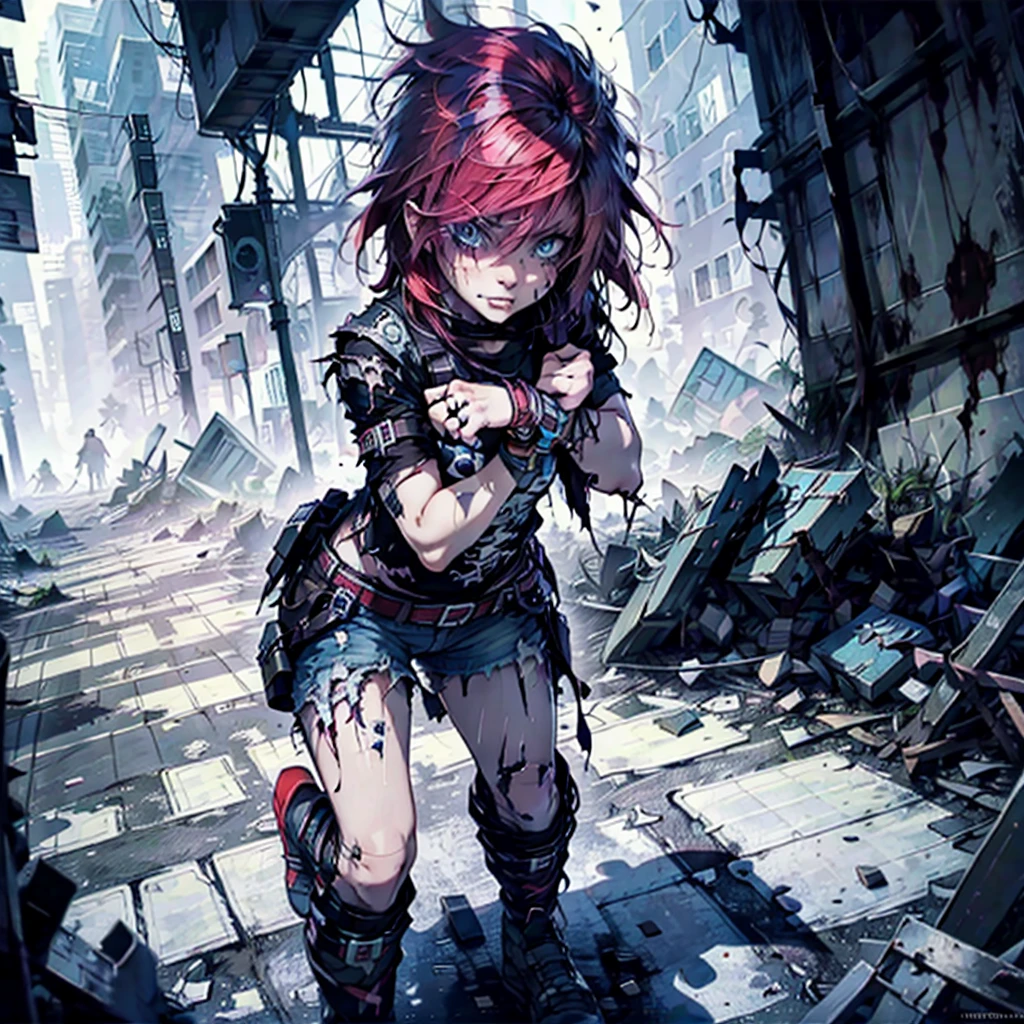 (Best quality,4K,high),serious look, redhead with blue eyes,body in good shape,full body view, in a fighting stance,ruined city background,bracelets on hands and feet,destroyed buildings,dark atmosphere,dark lighting,Post-apocalyptic theme,blood spatter,bright colors