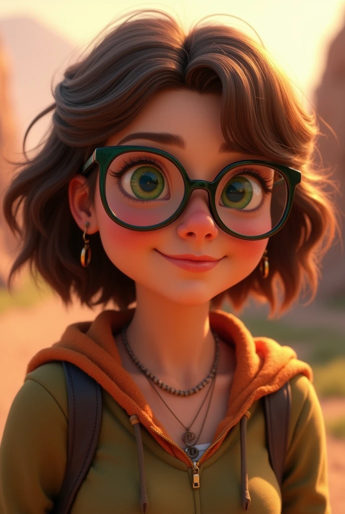 a plump woman with large glasses and green eyes , brown bob that looks a bit cheeky and happy. She dragon rider. In Pixar style