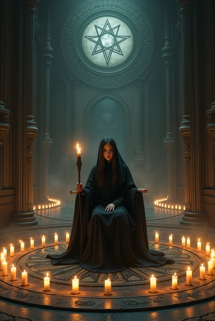 A young witch in a black colored hall, without natural light, holding a scepter with a candle, sitting on a throne in the middle of a huge hexagram with candles around it