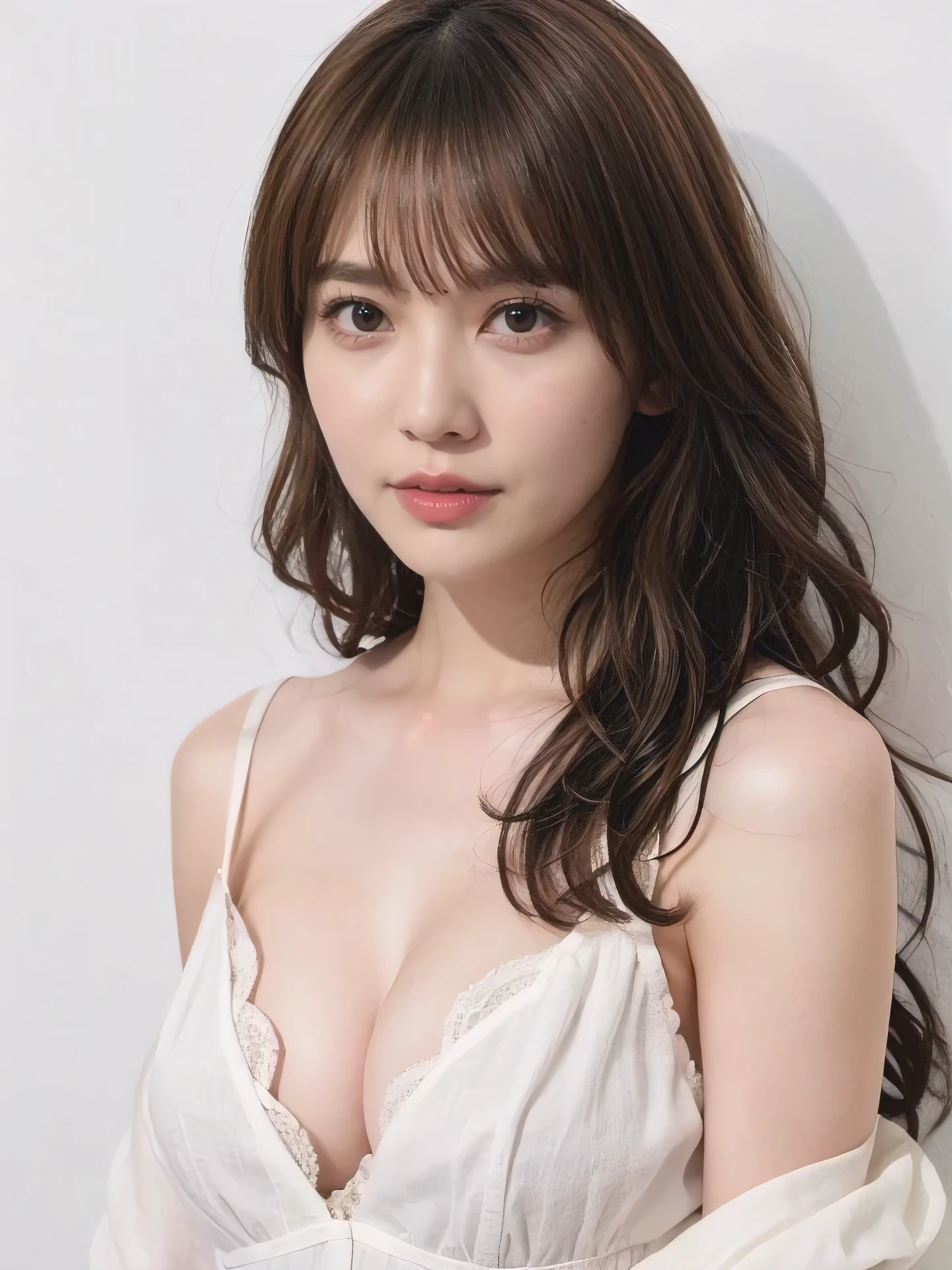 1girl, 25years old woman, cute face, Small breasts, medium breasts, large breasts, beautiful face, (perfectly detailed face), ((looking at viewer)), Simple Background, ((white background)), ((white wallpaper)), White skin, (bright lighting:1.2), perfect lighting, photorealistic, (bokeh), UHD, anatomically correct, highres