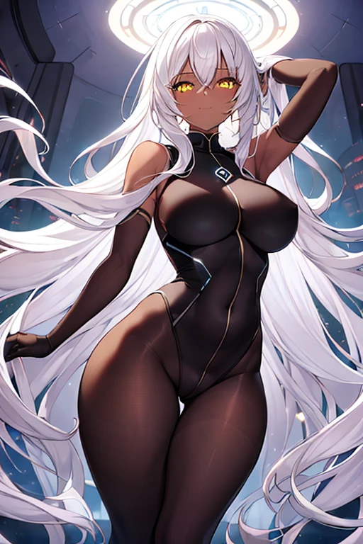 1girl, dark skin, dark-skinned female, white hair, long hair, wavy hair, bodysuit, white bodysuit, black pantyhose, pantyhose, large breasts, thick thighs, hourglass figure, neon lights, futuristic, tech, science-fiction, yellow eyes, smile