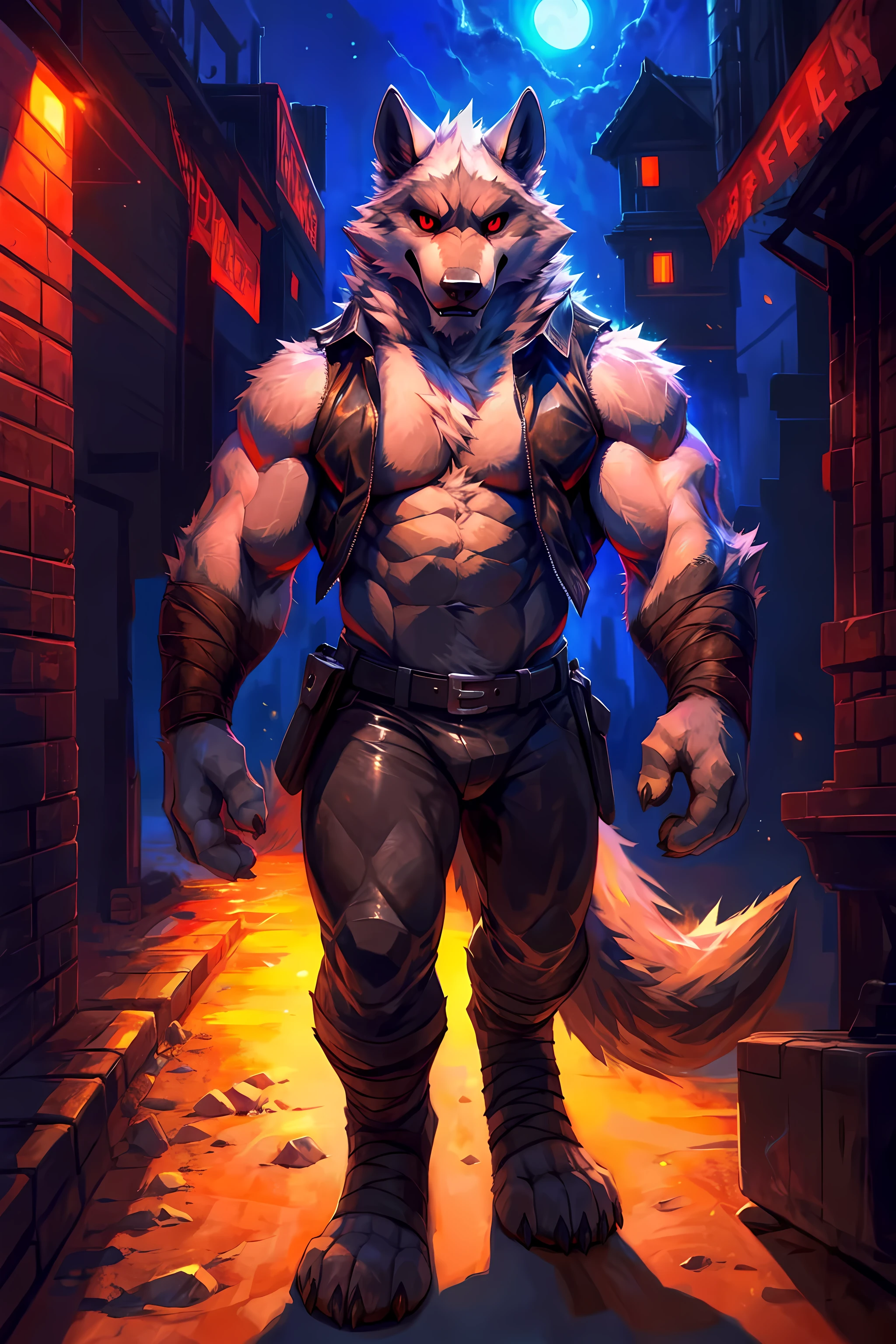 death (puss in boots), front view, facing camera, muscular chest, detailed fur, correct lighting, correct shadows, night:1.2, outdoors, wasteland, by kusunagi, by null-ghost, by cheetahpaws, by darkgem, wolf tail, correct proportions, correct anatomy, correct muscles, leather vest:1.1, leather pants:1.1, belt buckle:1.1, detailed belt buckle, detailed belt, red eyes, (strong shadows, dramatic shadows, dark, darkness, dim):1.2,