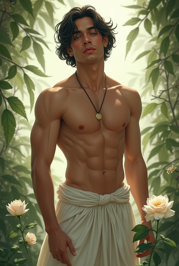 in jc leyendecker and roberto ferri art style, "the healer", fullbody, a young latino man MEDITADING , calm gentletly smiling, soft colors, with a confident look, shirtless, pantless, smiling, sexy gaze, perfect anatomy, the merchant, in the garden white and green plants skinny detailed muscles, muscled legs, handsome, gorgeous, man adventurer, latino, rose, smirk, short bob haircut, ruffles, silk, reach intricate backgroun