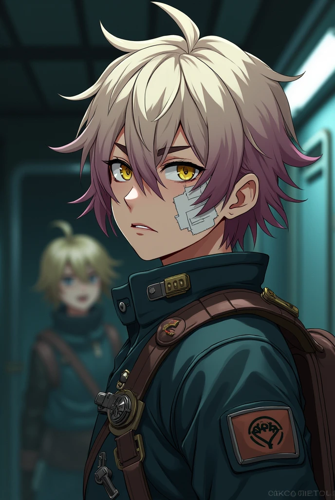 Barotrauma. Style: 2D anime image with high quality. Character: young guy, fair skin, left side of hair light, right side of hair dark pink. Hair wavy and quite long, yellow eyes and wide eyebrows, a bandage on his cheek. Emotion: irritation. Clothing: uniform of a submarine officer from the Barotrauma game universe. Background: Inside a submarine. Details: sloppy appearance, dirty clothes. Angle: far from the character, characters looking over the shoulder.