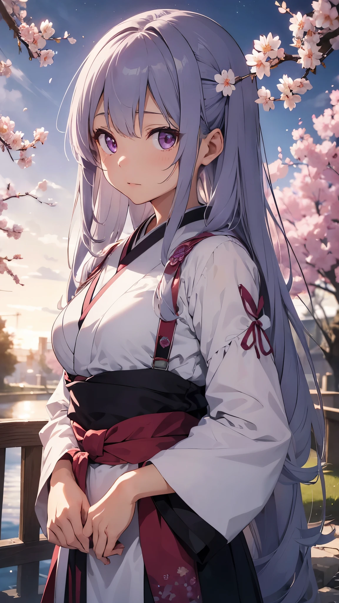 an anime-style female character named Ayame Tsukino. She is  with long, flowing silver hair that reaches her waist, accented by soft lavender highlights that shimmer in the light. Her eyes are a bright, piercing violet, giving her an ethereal and captivating presence. Ayame has a petite and graceful build, standing at about 5'4". Her attire is a traditional kimono with a modern twist, featuring a dark purple color with intricate silver patterns resembling cherry blossoms. She wears a sash with a crescent moon emblem at her waist and carries a small, ornate fan.

Ayame exudes calmness and composure, with a gentle demeanor that belies her strong will and unwavering determination. She has a soothing presence and is known for her wisdom beyond her years. Despite her delicate appearance, she is fiercely protective of her loved ones and deeply compassionate. Ayame is the heir to an ancient clan that has safeguarded sacred artifacts for generations. She is highly skilled in traditional arts and has a deep connection to the spiritual realm. Now, she embarks on a journey to understand and control a hidden power within herself, all while upholding her family’s legacy.