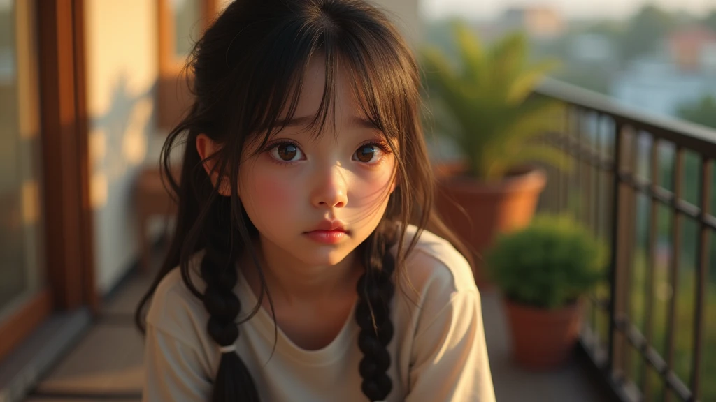Ultra-realistic portrait of a age girl, with brown hair and expressive eyes that reflect worry and hesitation. Her face shows signs of introspection. She is wearing a casual T-shirt. The portrait should be from the waist up.
The teen girl is sitting on a balcony, with elements such as plants and a chair in the background, but blurred so as not to distract from the main subject.
The lighting should be soft and natural, with late afternoon light coming from one side, creating subtle shadows that accentuate the teenagerntrospective expression. The light should highlight the eyes and the texture of the skin, emphasizing the seriousness of the situation.
The image should convey a sense of introspection and concern, with a touch of vulnerability. Suggest a warm color palette, such as golds and oranges, to complement the late afternoon atmosphere.
The photo should be of high quality, with 8k rendering and extreme detail, capturing the emotional essence of the moment.