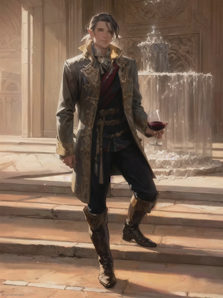 painting of a man in a coat and boots holding a glass of wine with elf ears and a sarcastic smile, corvo attano, craig mullins style, retrato de barbatana wildcloak, magali villeneuve', artista gráfica magali villeneuve, chave escura de craig mullins, inspired by Mirabello Cavalori, Craig Mullins Spotted Lighting, inspirado em magali villeneuve, style of donato giancola