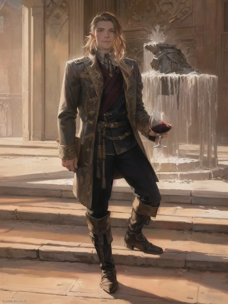 painting of a man in a coat and boots holding a glass of wine with elf ears and a sarcastic smile, corvo attano, craig mullins style, retrato de barbatana wildcloak, magali villeneuve&#39;, artista gráfica magali villeneuve, chave escura de craig mullins, inspired by Mirabello Cavalori, Craig Mullins Spotted Lighting, inspirado em magali villeneuve, style of donato giancola