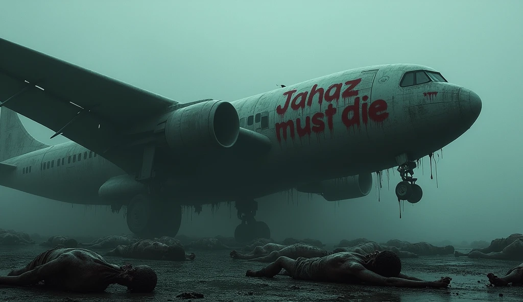 A dark creepy horror aeroplane written Jahaz Must Die on it with blood and dead bodies around it in a dark aesthetic creepy and horror place