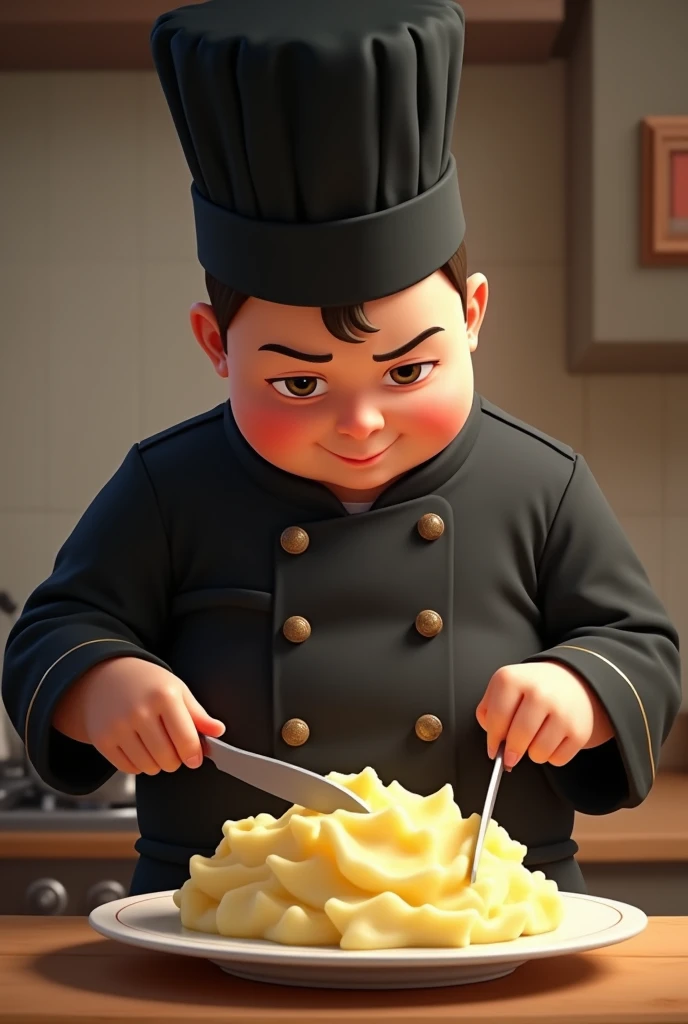 adolescent , black , chubby chef hat, making mashed potatoes , only potatoes in the scene