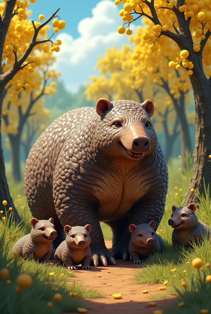 "A giant armadillo (Priodontes maximus) called Tonico, big fit , stark, kind and devoted to family, is surrounded by his four cubs: teak, TitTuca and Tico, all smaller and with happy expressions. Ao redor deles, the typical vegetation of the Cerrado is vibrant, with pequi trees (Brazilian Caryocar) loaded with golden fruits on the ground, blooming yellow ipês (Handroanthus serratifolius) Ao fundo, in addition to native grasses such as goat&#39;s beard (Andropogon bicornis) and shrubs like murici (Byrsonima crassifolia). The scene is harmonious, reflecting the wealth