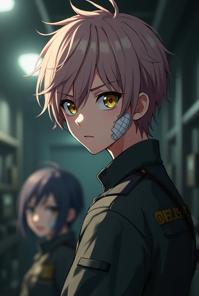 Barotrauma. Style: 2D anime image with high quality. Character: young guy, fair skin, left side of hair light, right side of hair dark pink. Hair wavy and quite long, yellow eyes and wide eyebrows, a bandage on his cheek. Emotion: irritation. Clothing: uniform of a submarine officer from the Barotrauma game universe. Background: Inside a submarine. Details: sloppy appearance, dirty clothes. Angle: far from the character, characters looking over the shoulder.